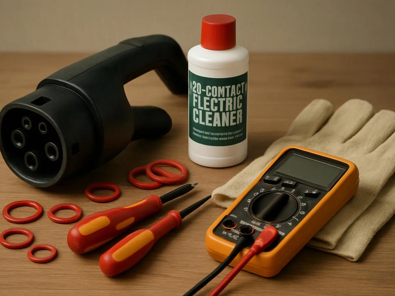 Electrical repair tools and parts lie on a wooden table, including a connector, cleaner bottle, gloves, multimeter