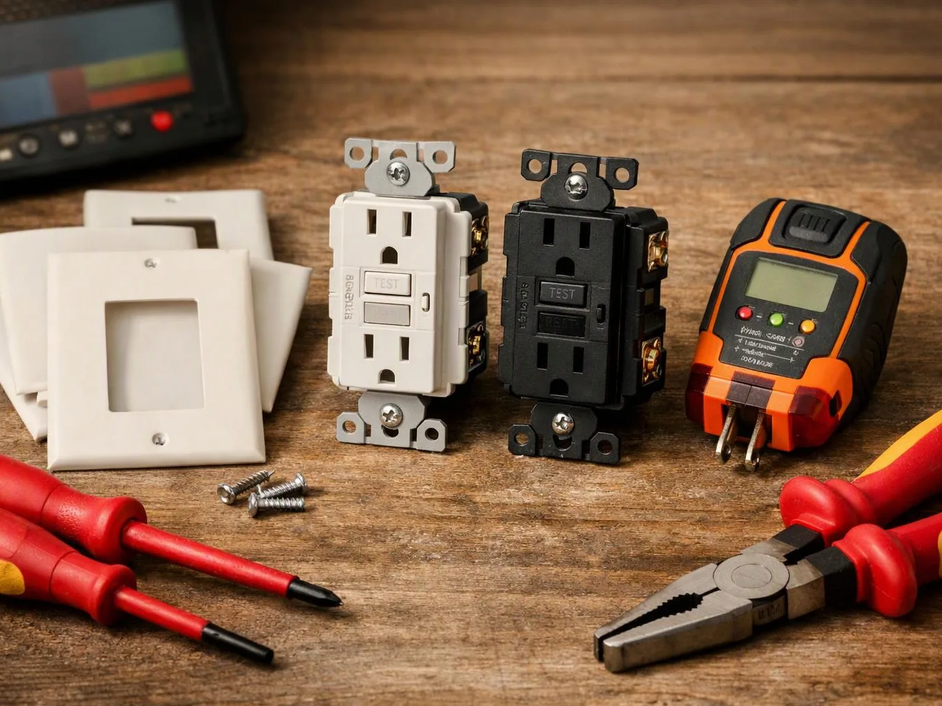 Electrical supplies and tools lie on a wooden table, including outlets, screw plates, a tester, screws, pliers