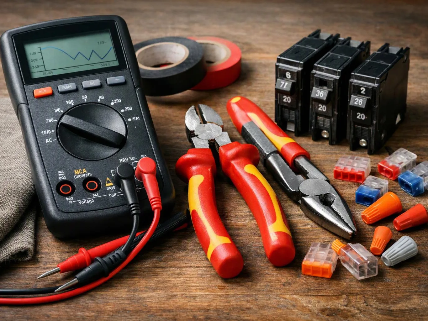 An electrical testing kit sits on a wooden table, with a multimeter, pliers, wire cutters, breakers, tape