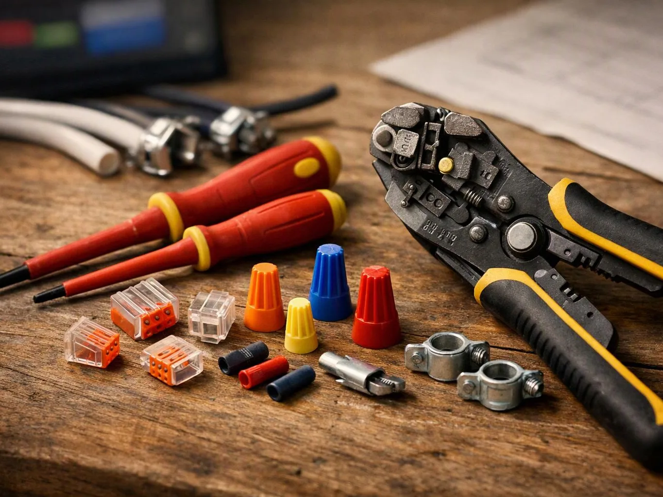 Electrical tools and connectors lie on a wooden workbench, with a crimping plier and screwdrivers in front