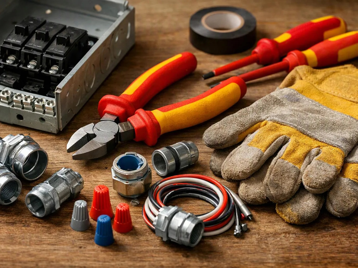 Electrical tools and fittings, including pliers, screwdrivers, gloves, tape, wire, and metal connectors