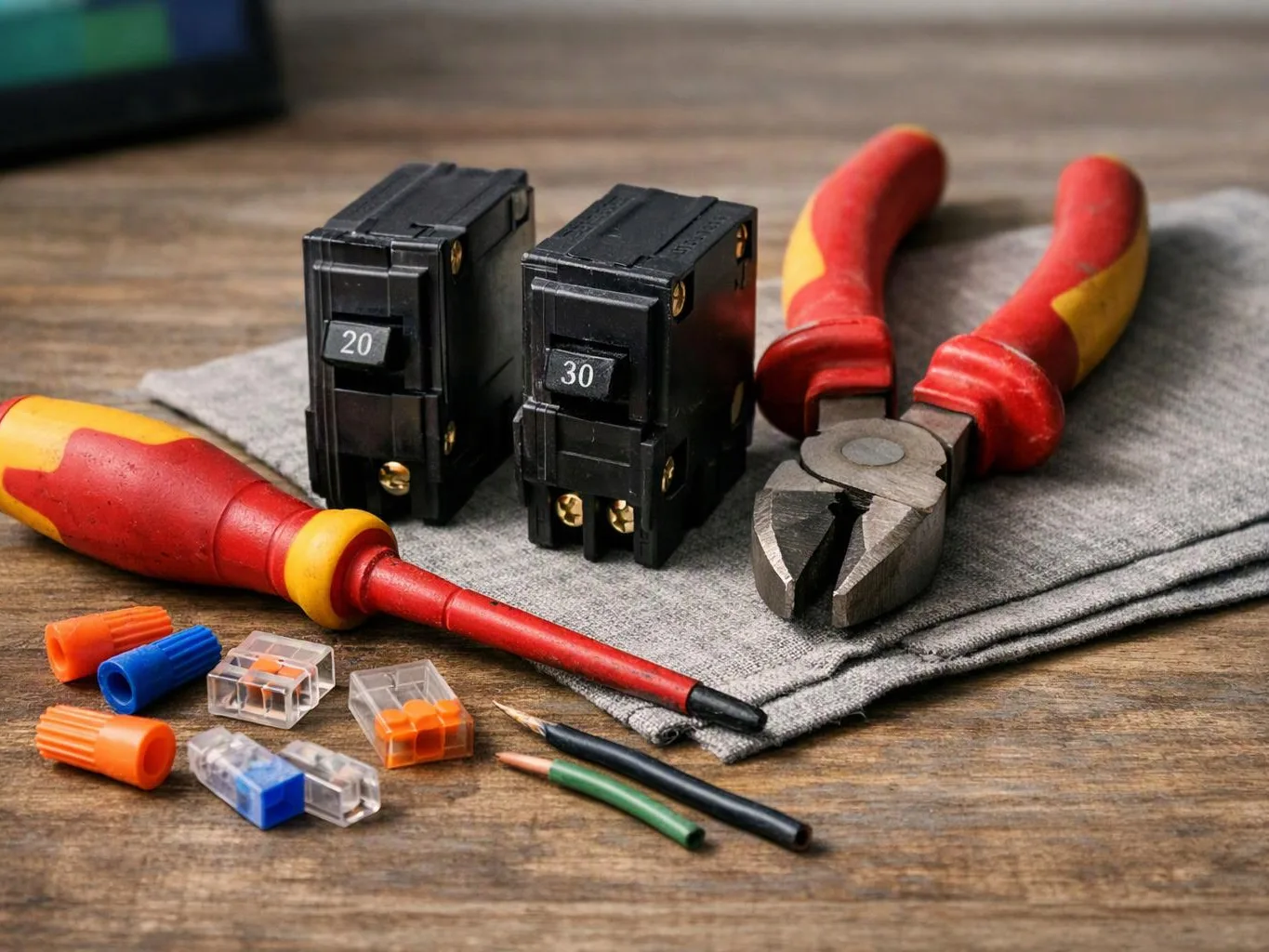 Electrical tools and parts rest on a cloth, with screwdrivers, pliers, breakers, wire connectors, and cut wire visible