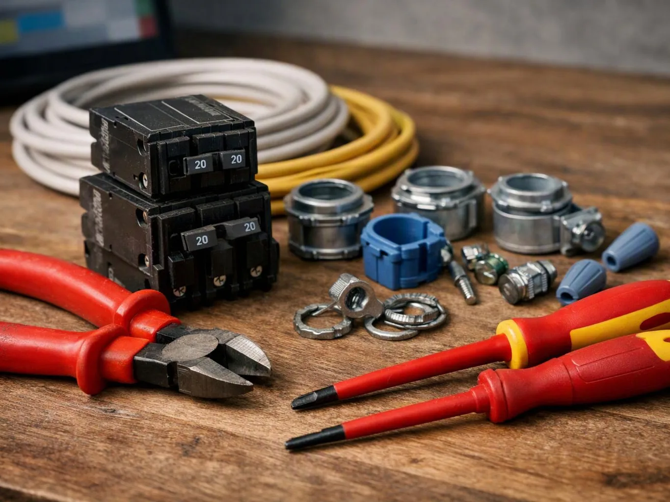 Electrician tools, circuit breakers, wires, and metal connectors are spread across a wooden workbench