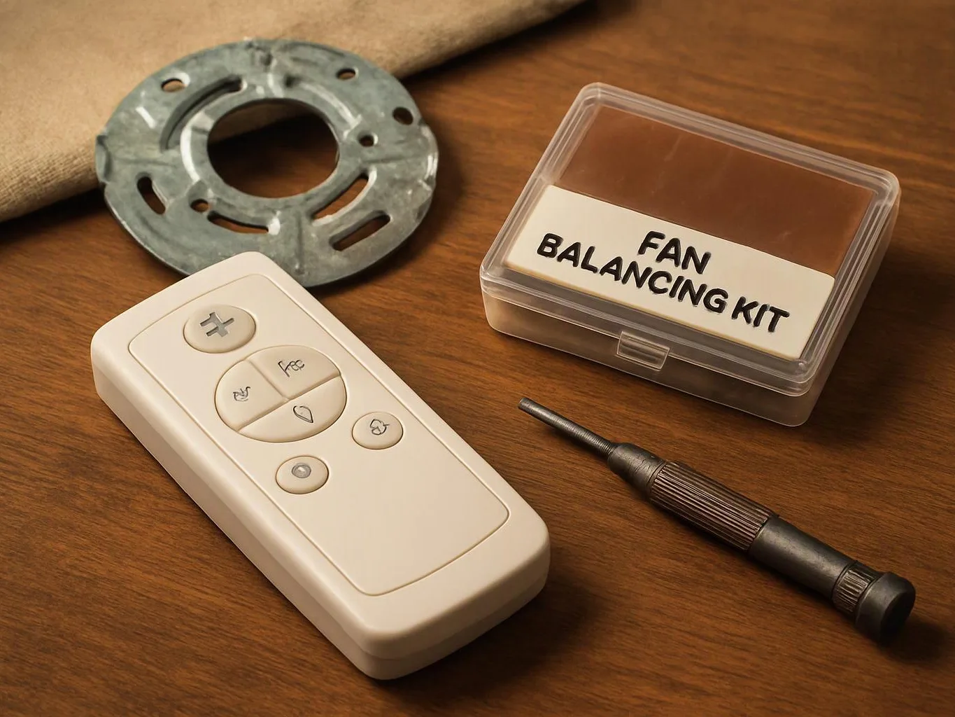 A fan balancing kit, a remote control, a metal ring, and a small screwdriver sit on a wooden table