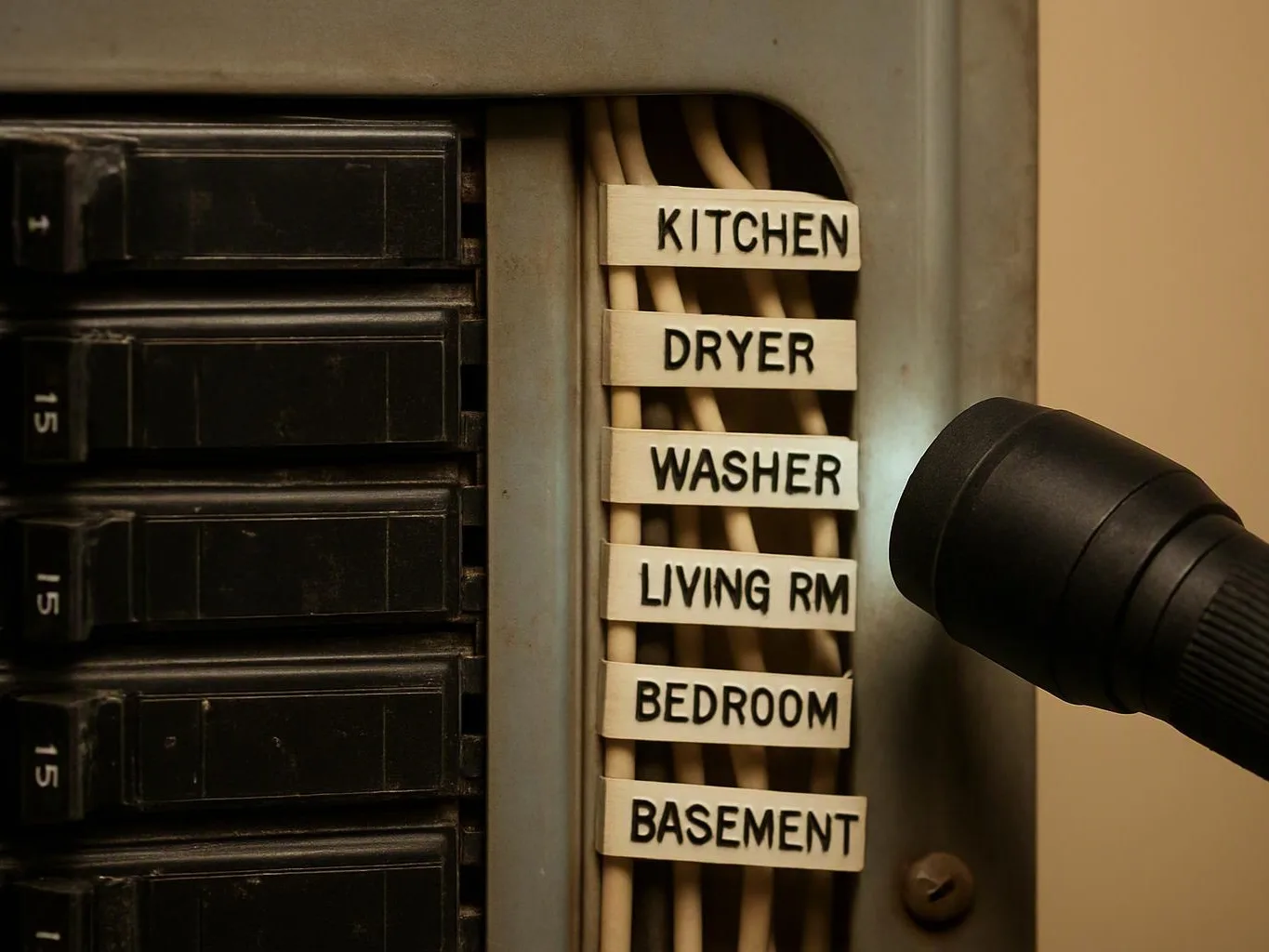 A flashlight shines on an open breaker panel with labeled wires and black switches inside