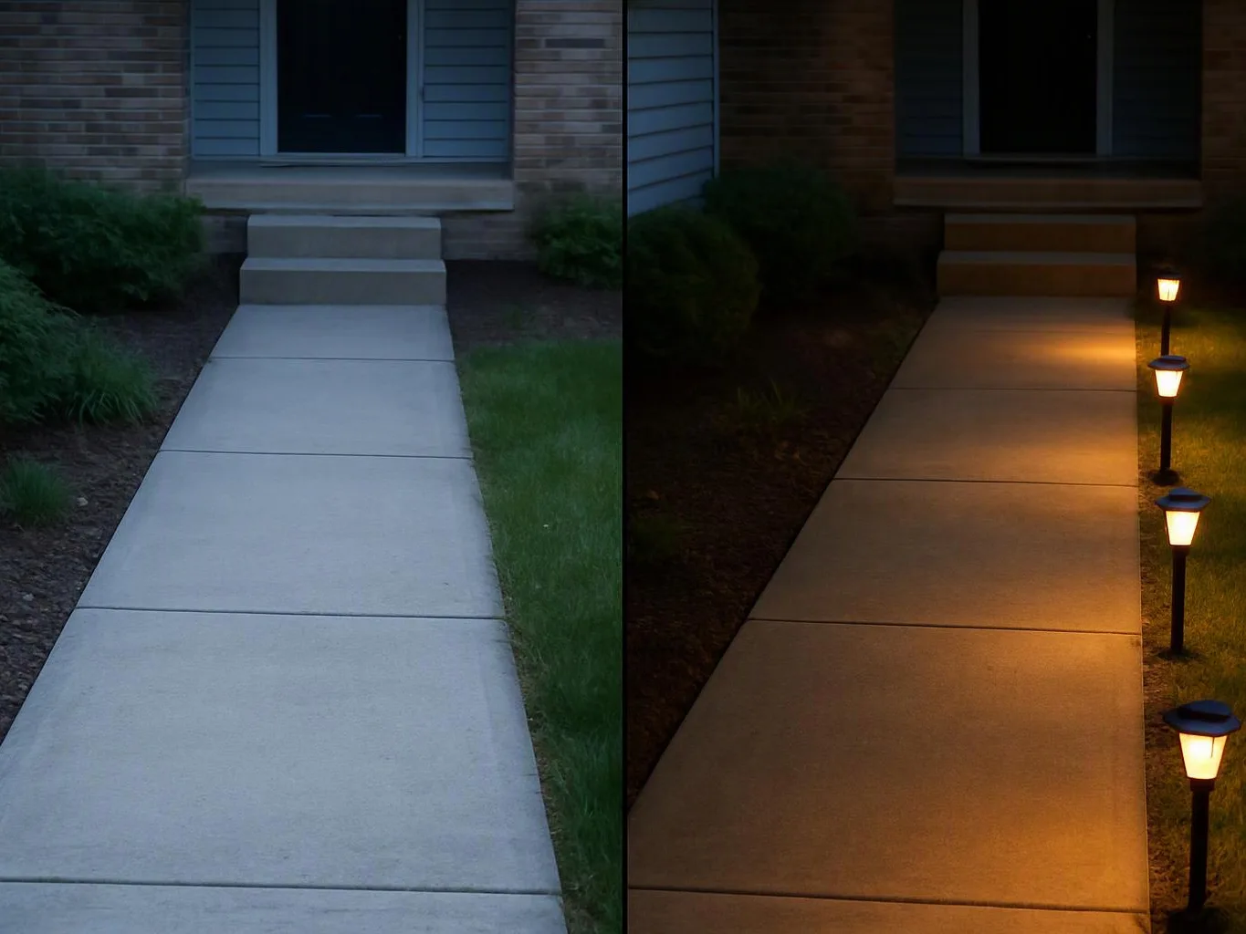 A front walkway splits the image, showing daylight on the left and glowing path lights at night on the right