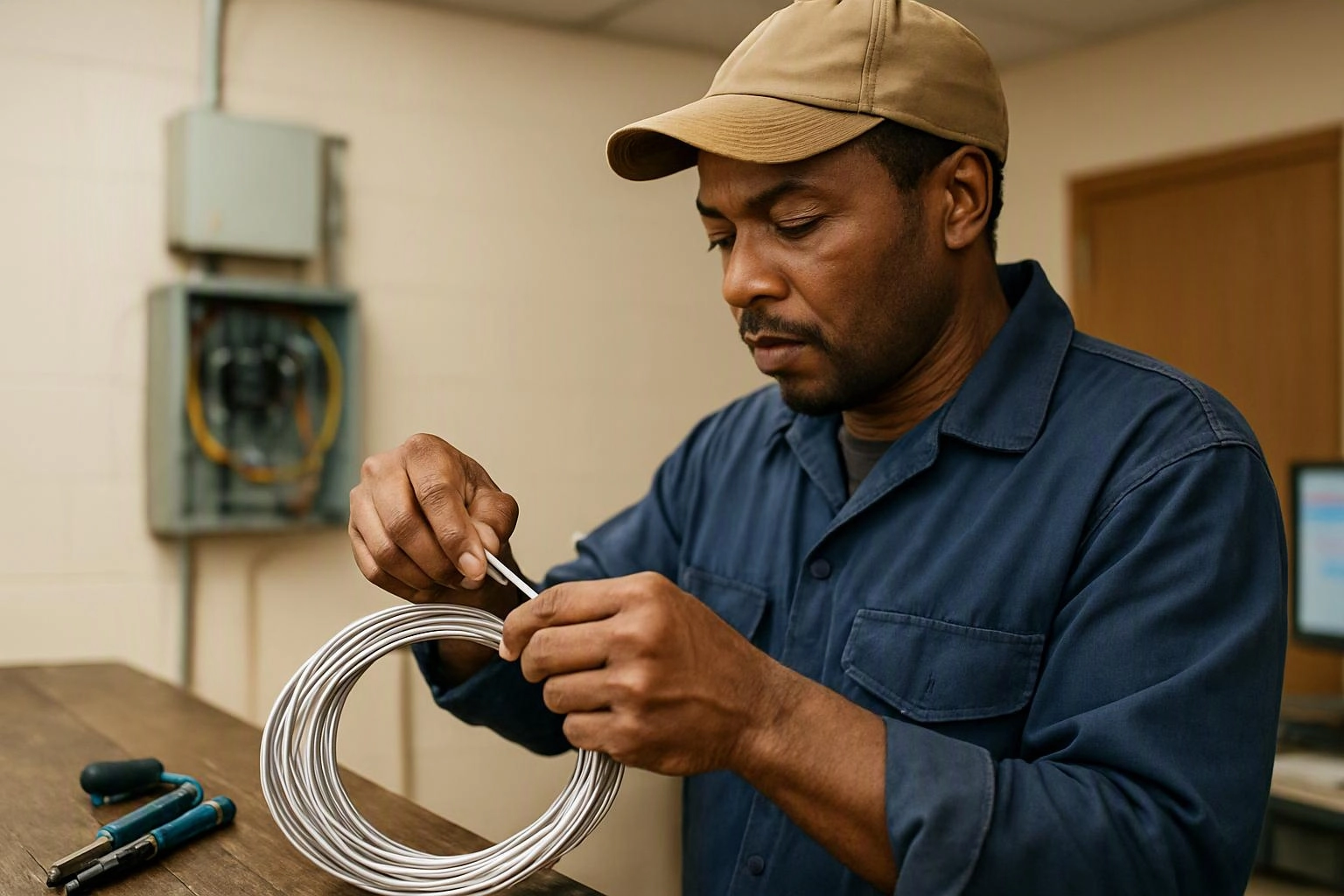 A man in a cap and work shirt coils white cable at a workbench in a plain room