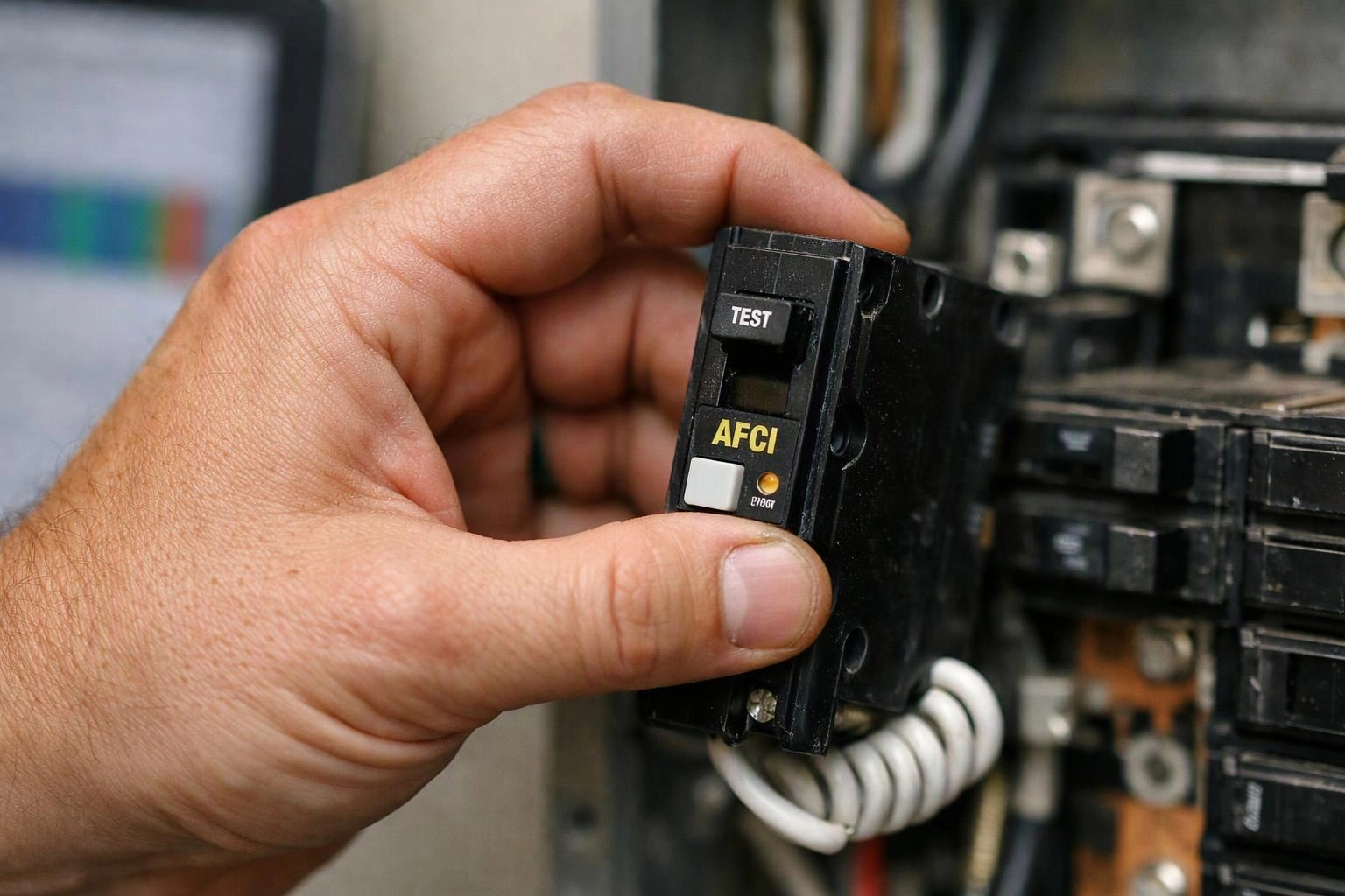 A hand holds a black AFCI circuit breaker near an open electrical panel with wiring visible