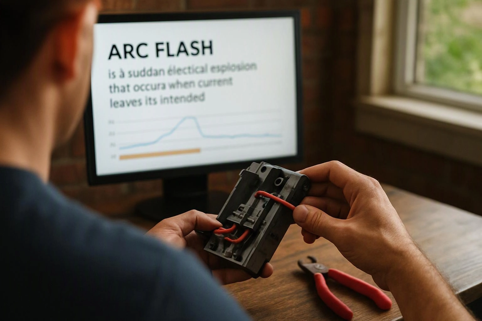 A person examines an electrical device at a desk while a monitor shows an arc flash safety slide