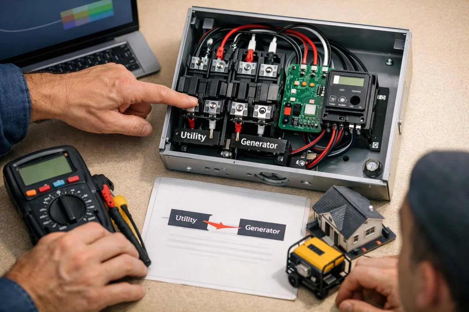 Hands point to an open electrical control box beside a laptop, meter, wiring, and a printed utility generator diagram