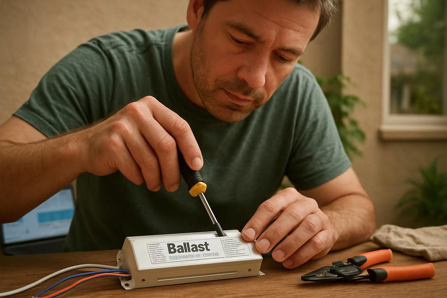 A man carefully adjusts a ballast with a screwdriver at a wooden table outdoors