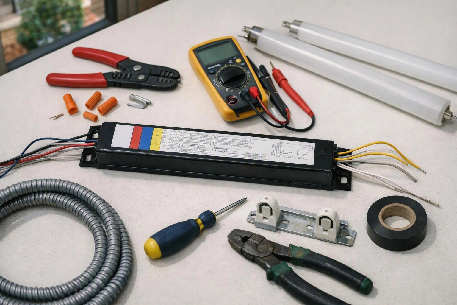 Electrical tools and parts, including a meter, wire strippers, tubes, connectors, pliers, tape, and a ballast on a table