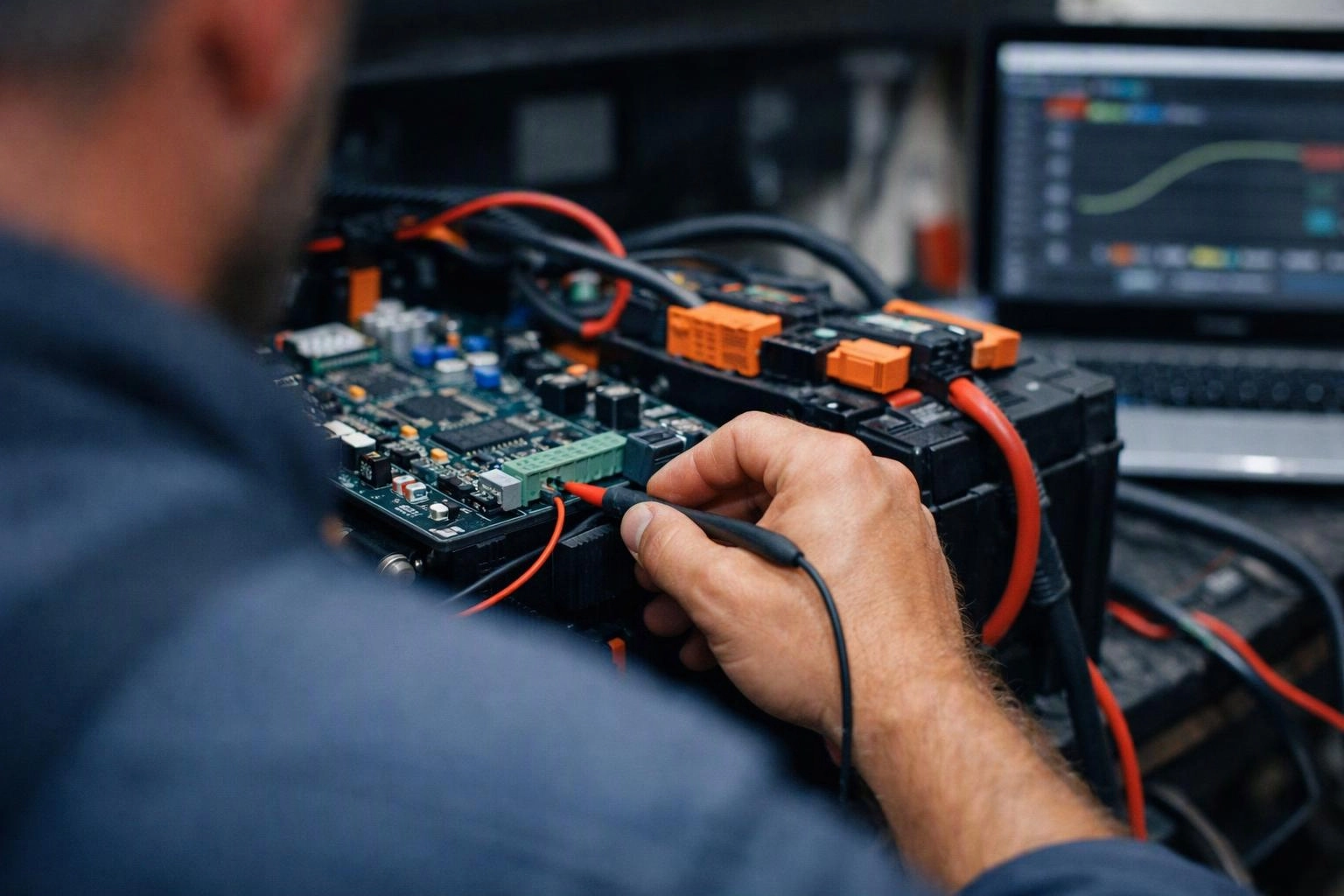 A technician probes a circuit board with wires beside a laptop in a workshop