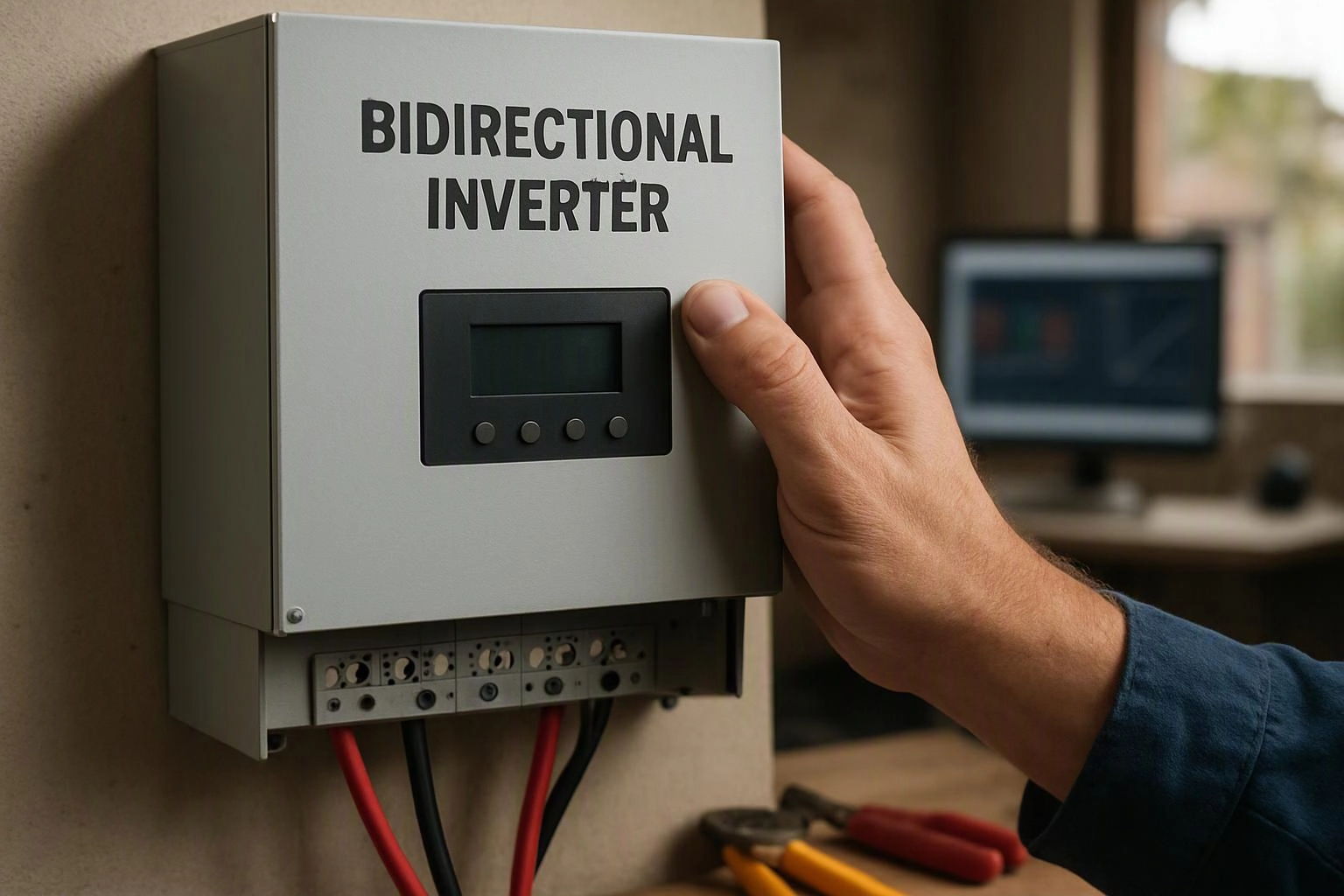 A hand adjusts a wall-mounted box labeled "BIDIRECTIONAL INVERTER" beside a blurred computer monitor
