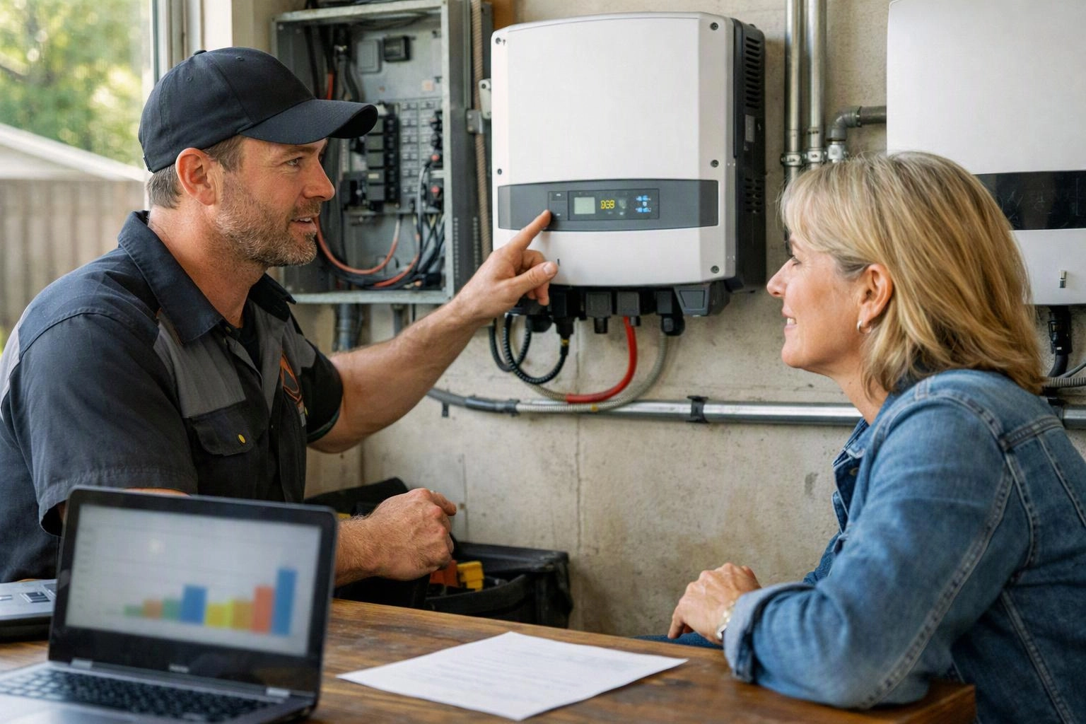 A technician points to a wall-mounted device while talking with a woman beside a laptop and paperwork