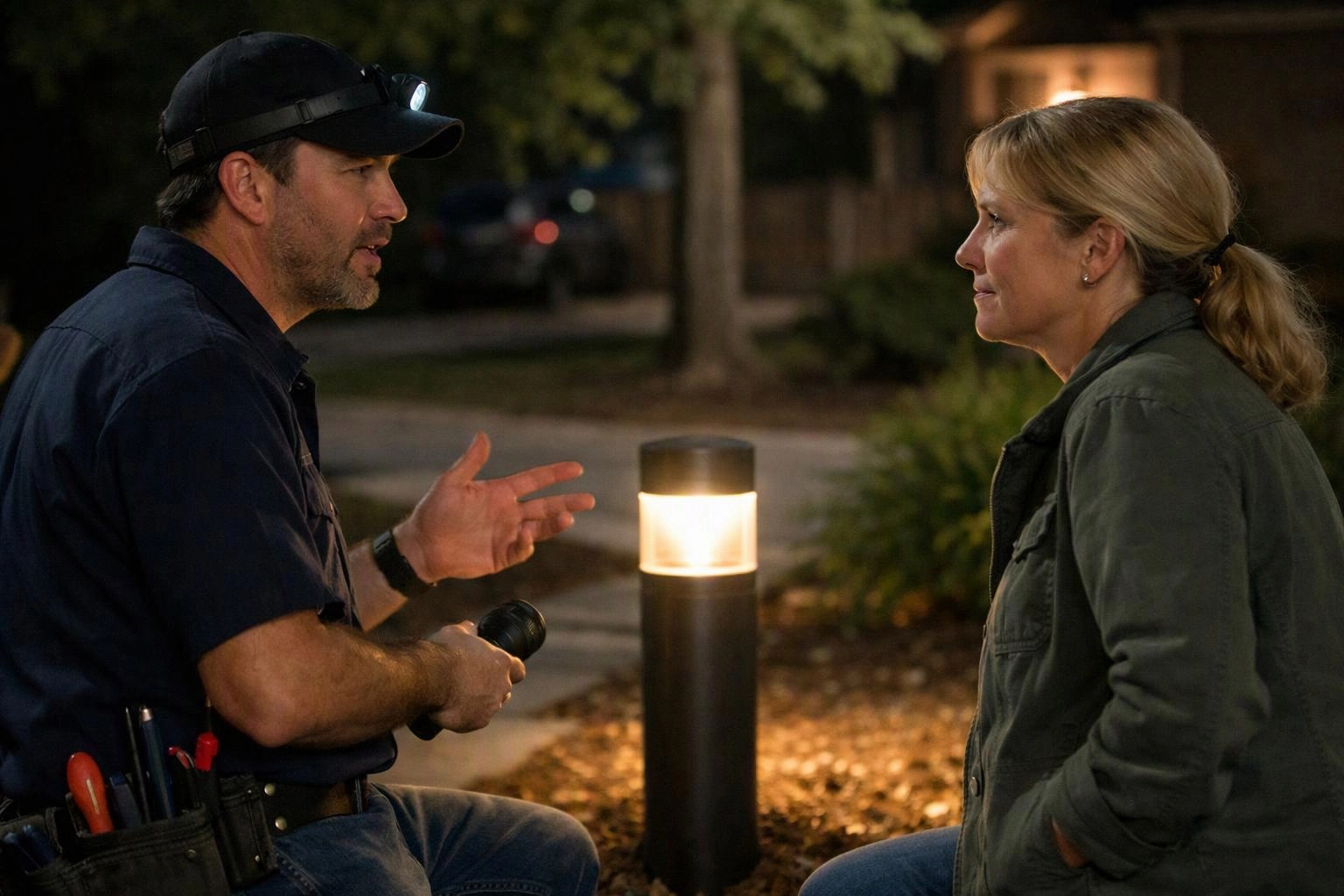 A man with a headlamp talks to a woman beside a glowing path light at night