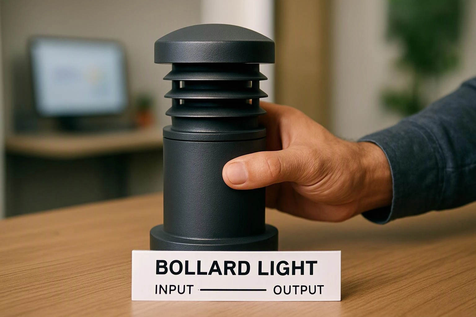 A hand holds a black bollard light on a wooden table, with a blurred office background