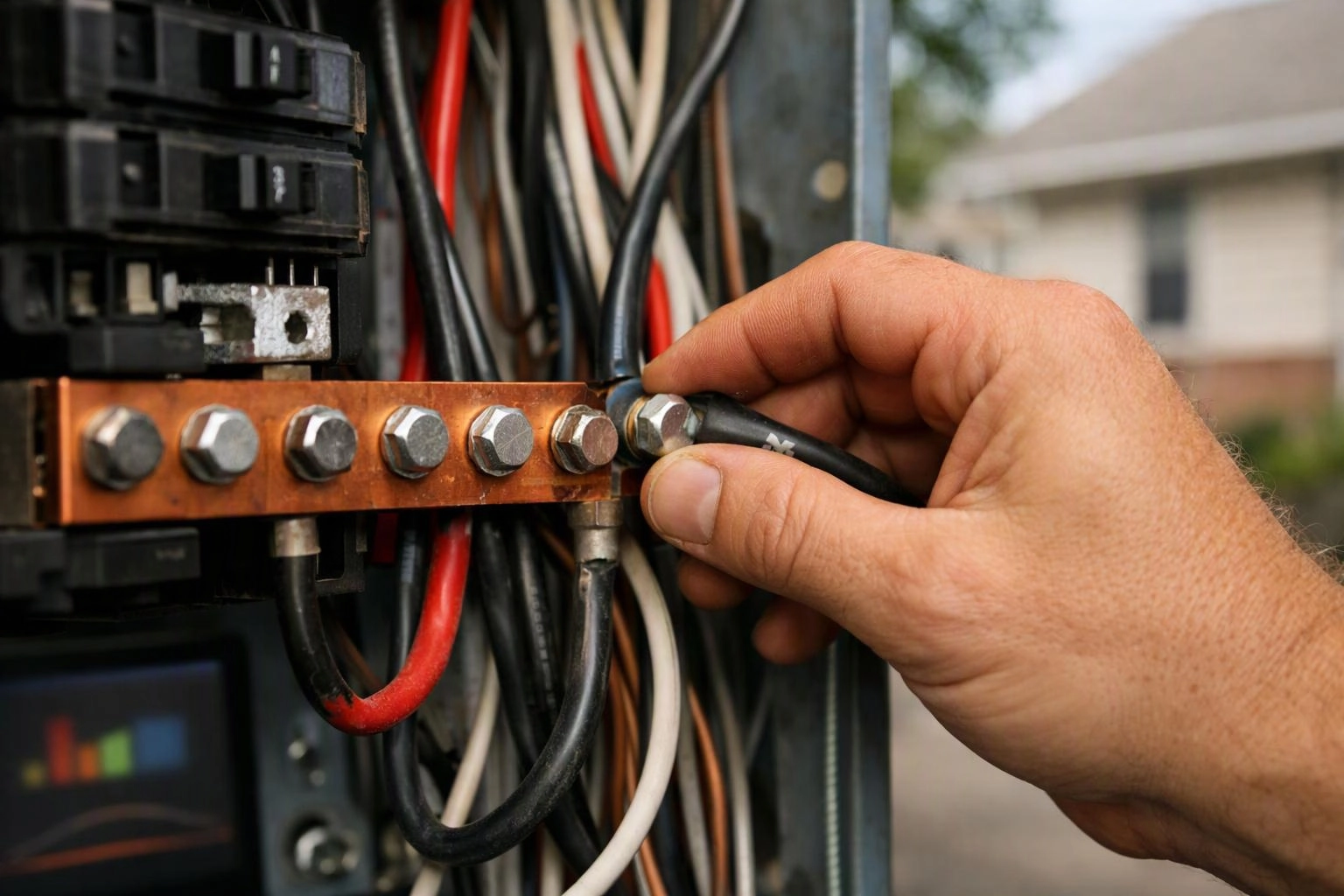 A hand tightens a wire on a copper electrical bus bar inside an open panel outdoors