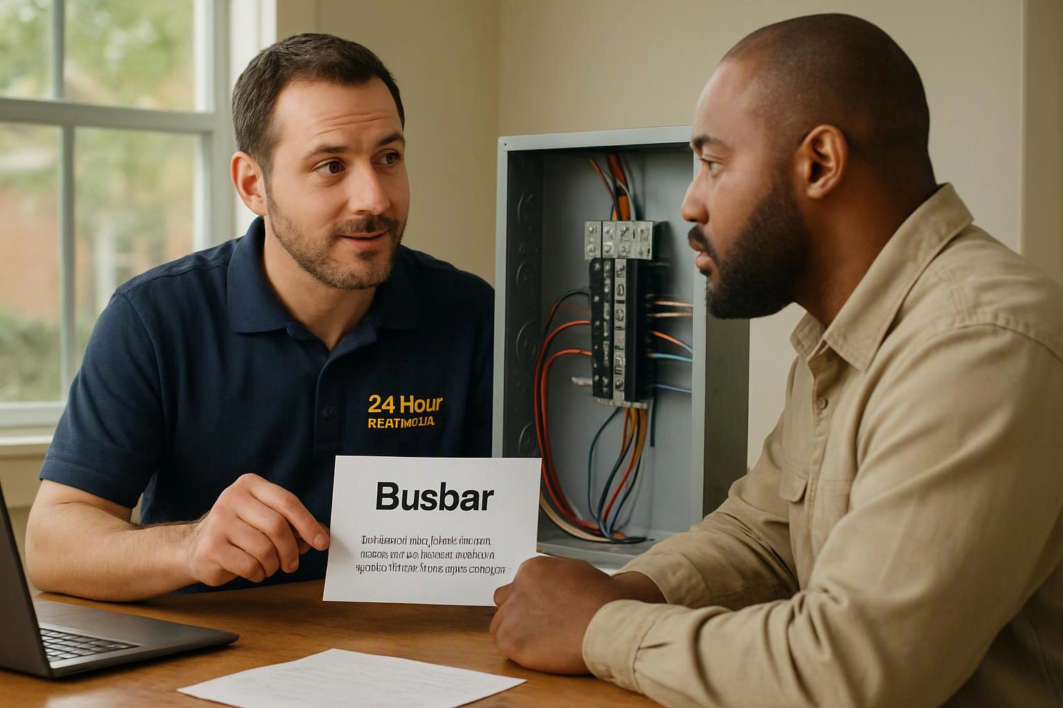 Two men review an open electrical panel at a table, while one holds a card labeled “Busbar”