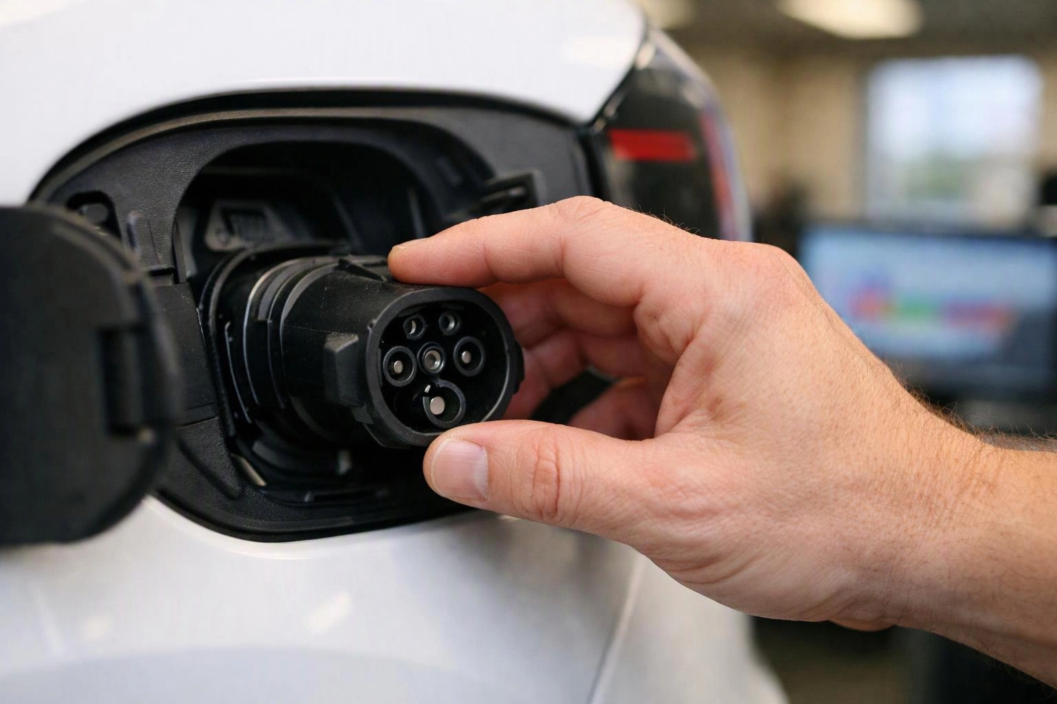 A hand plugs a charging connector into an electric car’s open port indoors