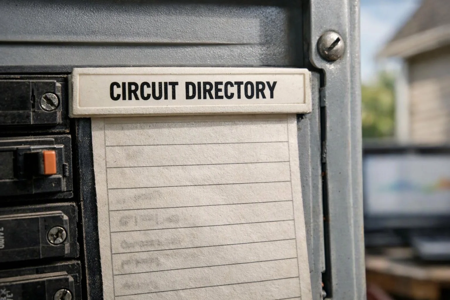 Close-up of an electrical breaker panel with a circuit directory card and labeled switches