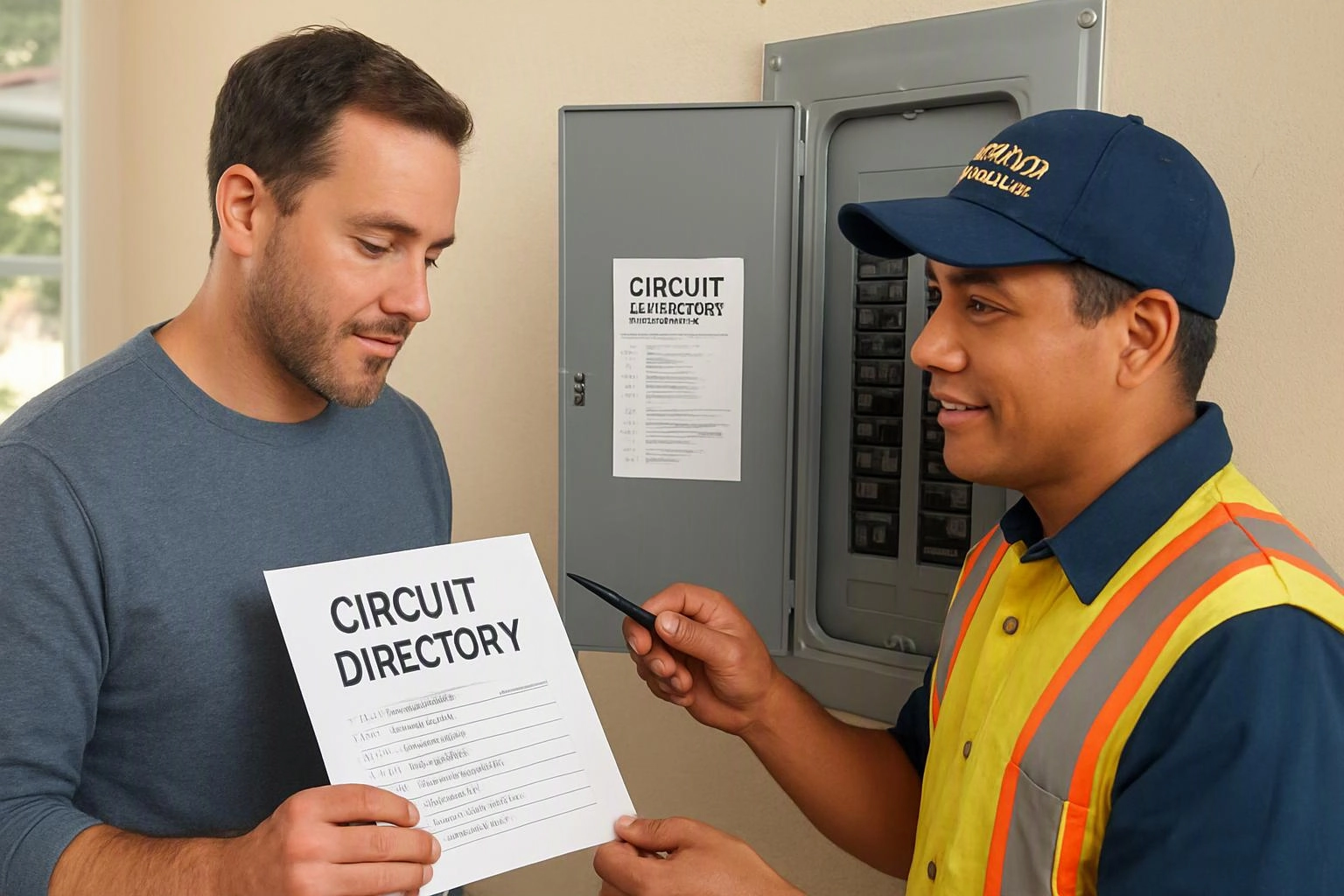 Two men inspect a circuit directory beside an open electrical panel indoors