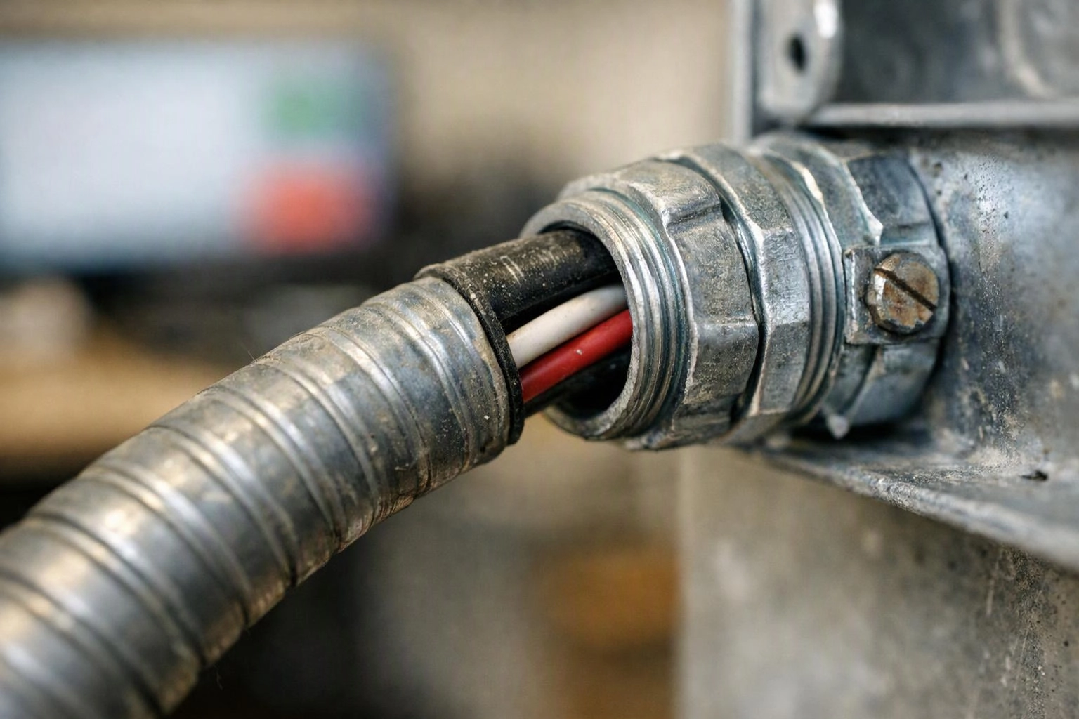 A close-up shows a corrugated metal conduit with red, white, and black wires entering a metal fitting