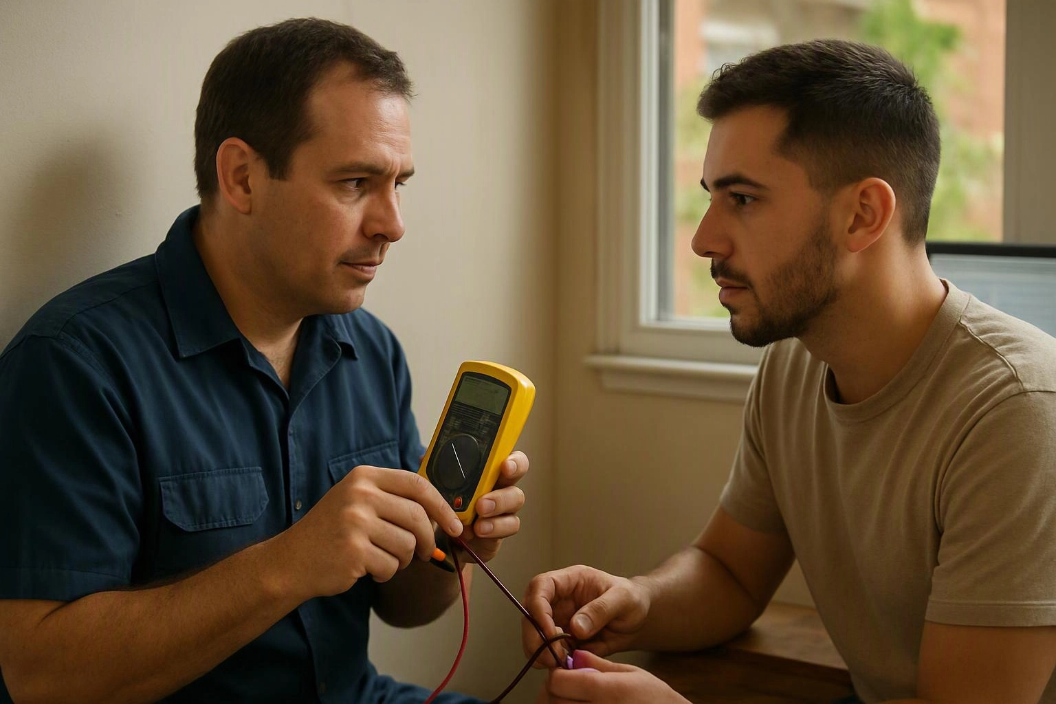 Two men examine a yellow multimeter together beside a window, with one holding the probes over a table