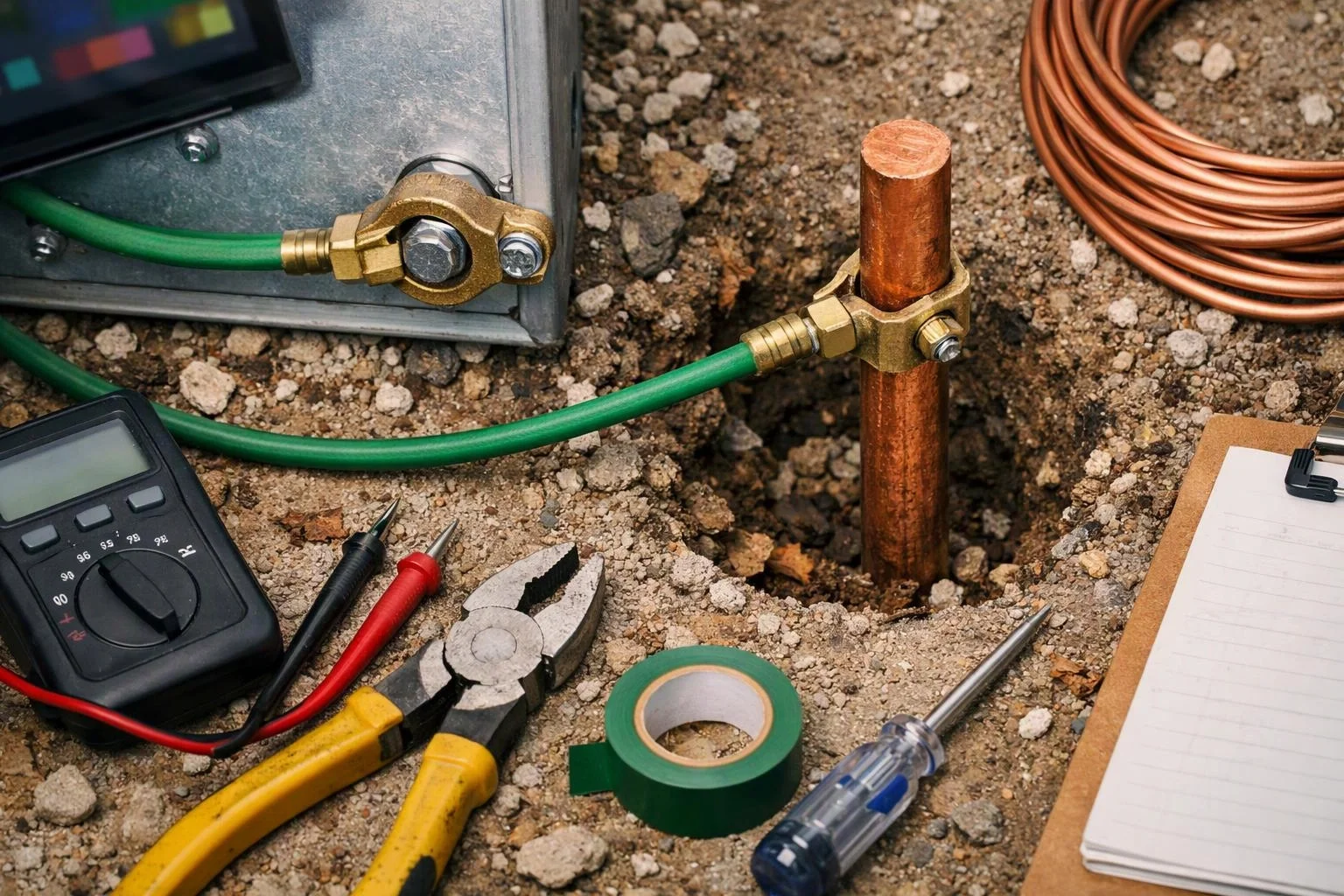 Electrical grounding equipment, a copper rod, wires, and hand tools lie on dirt beside a trench