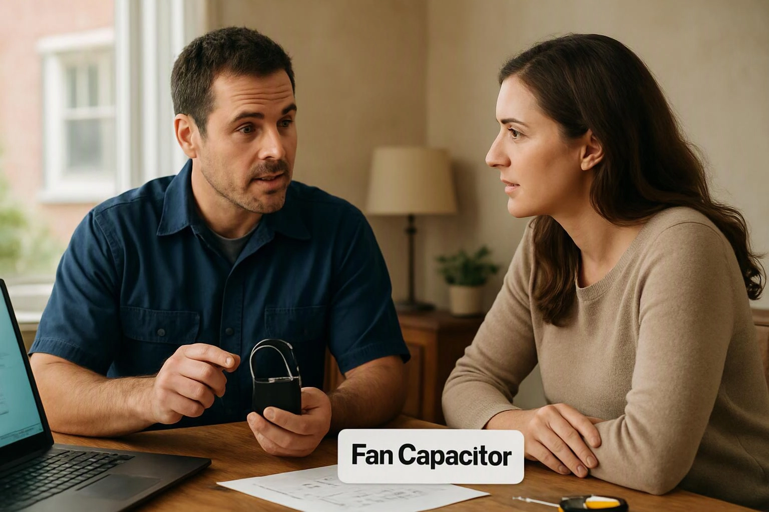 A man explains a fan capacitor to a woman across a table with a laptop and paper diagram