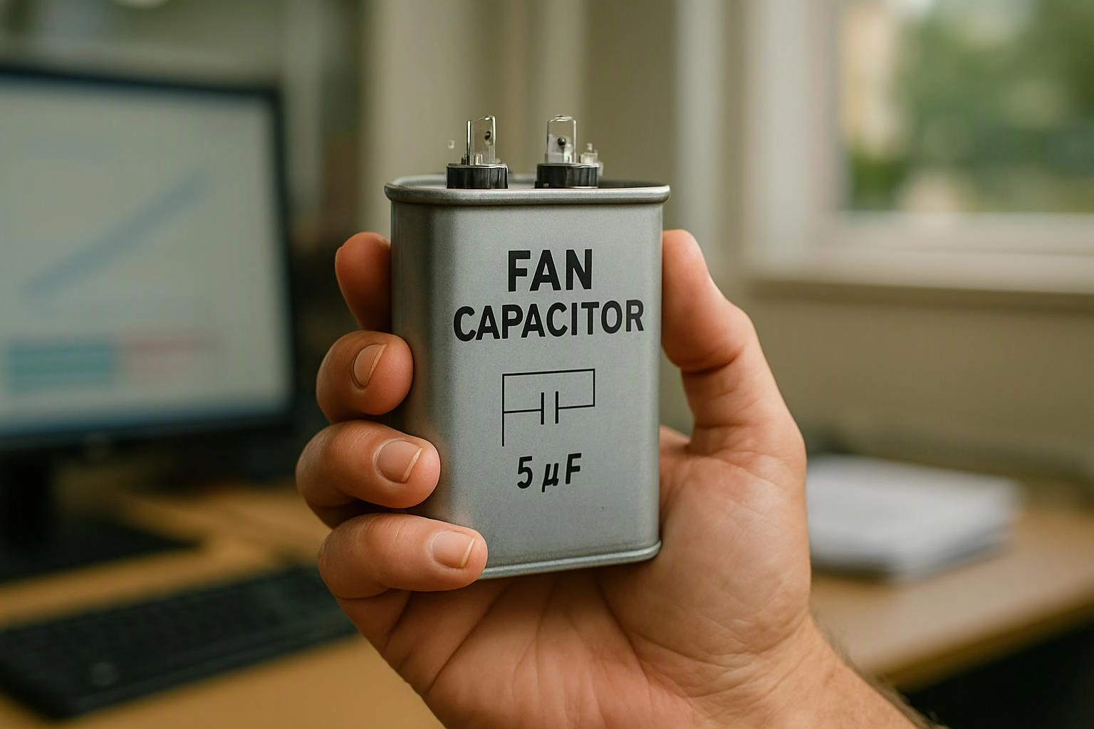 A hand holds a silver fan capacitor labeled 5 μF in a blurred indoor workspace