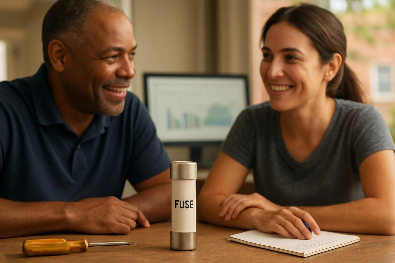 Two smiling people sit at a table with a labeled fuse and a screwdriver in front of them