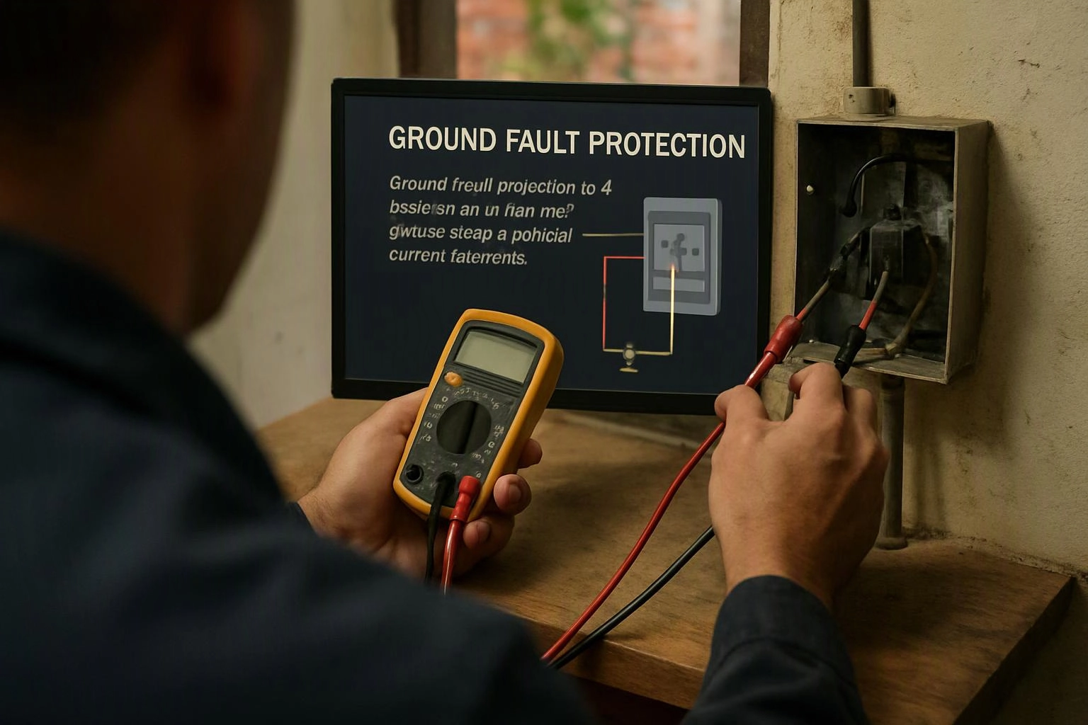 A person tests wiring with a multimeter beside a ground fault protection display and open electrical box