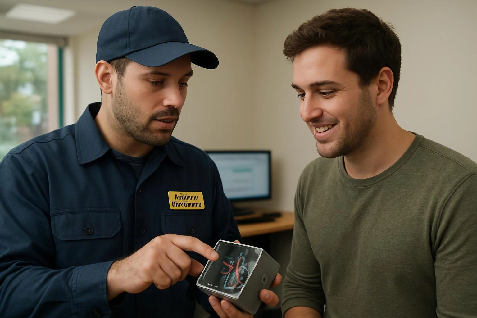 Two men stand in an office, one pointing at a small display box while the other smiles and watches