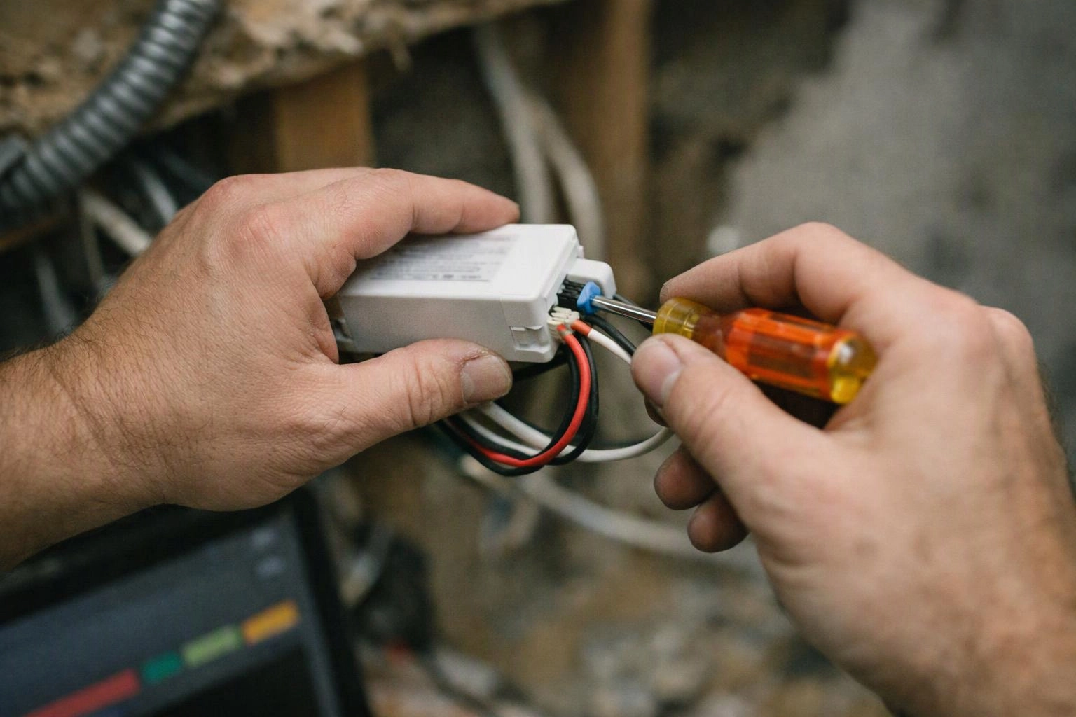 Hands use a screwdriver to adjust wires inside a small white electrical control box