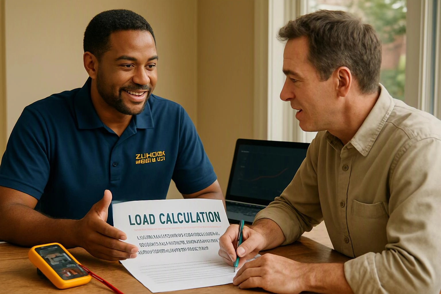 Two men review a load calculation sheet at a wooden table, with a laptop and phone beside them