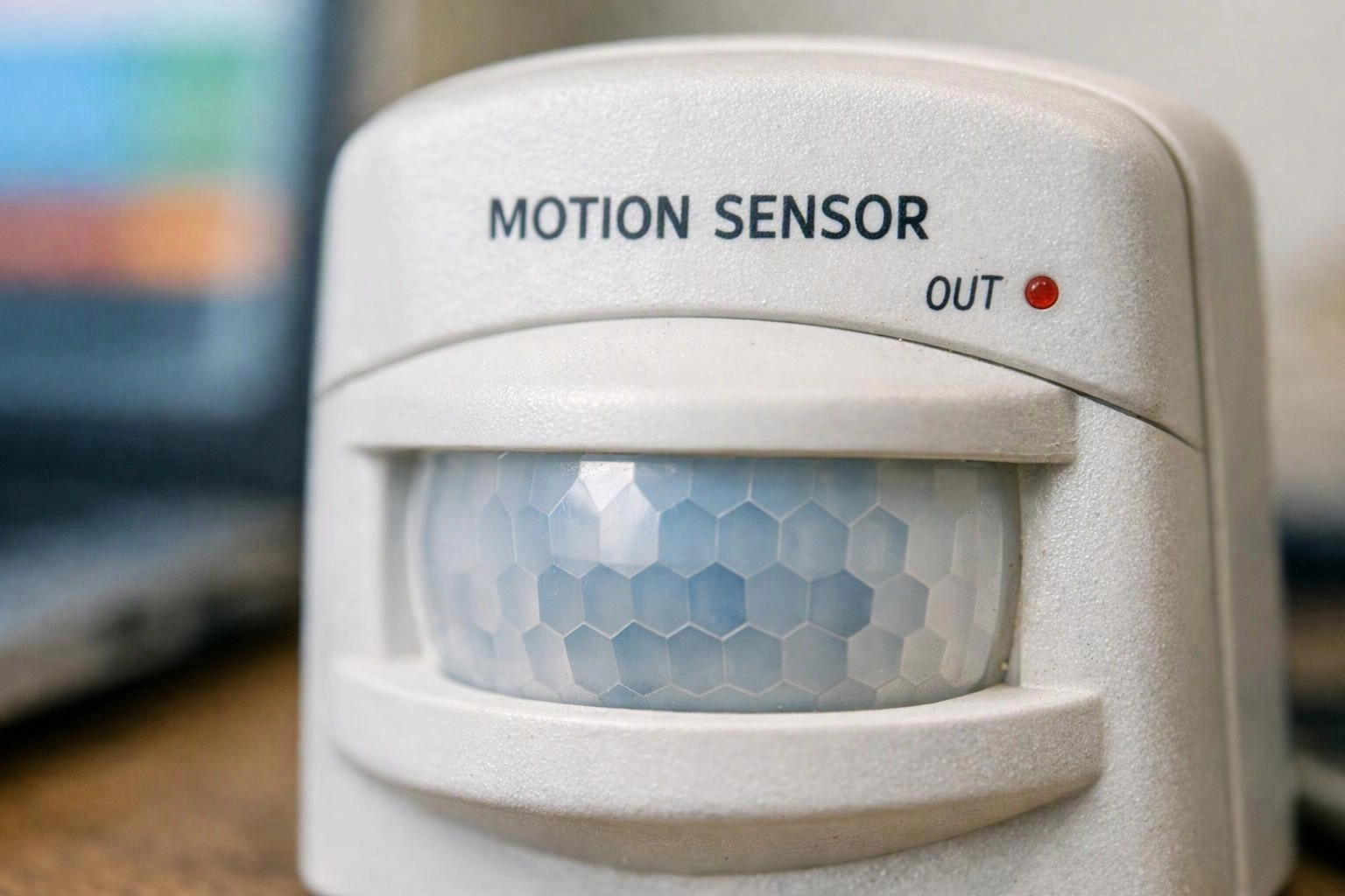 Close-up of a white motion sensor with a honeycomb lens and red indicator light indoors