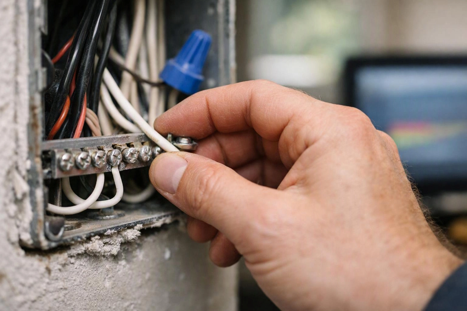 A hand tightens a white wire in an open electrical box with other wires nearby