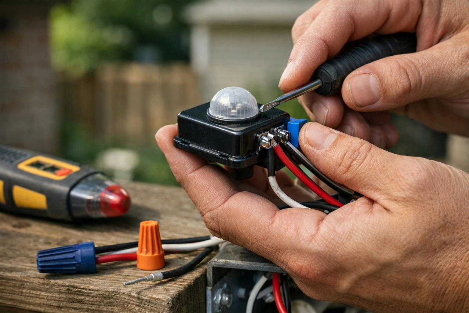 Hands wire a small black motion sensor on a wooden workbench with tools and loose connectors nearby