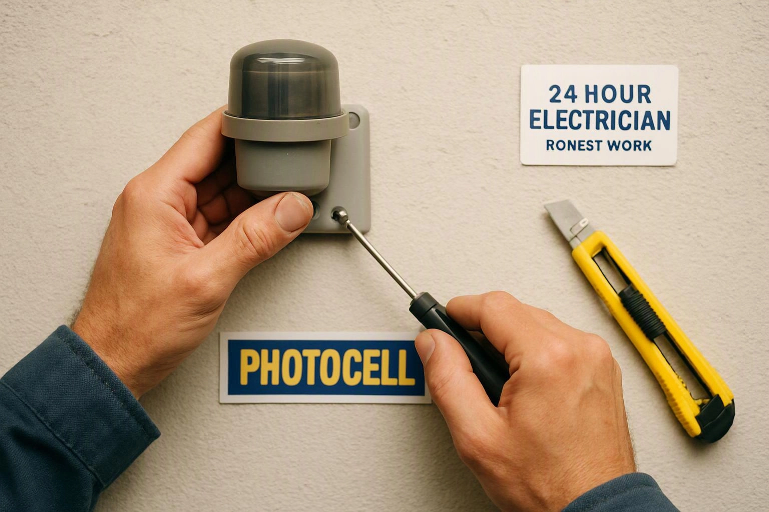 Hands install a photocell sensor on a wall beside a utility knife and service labels