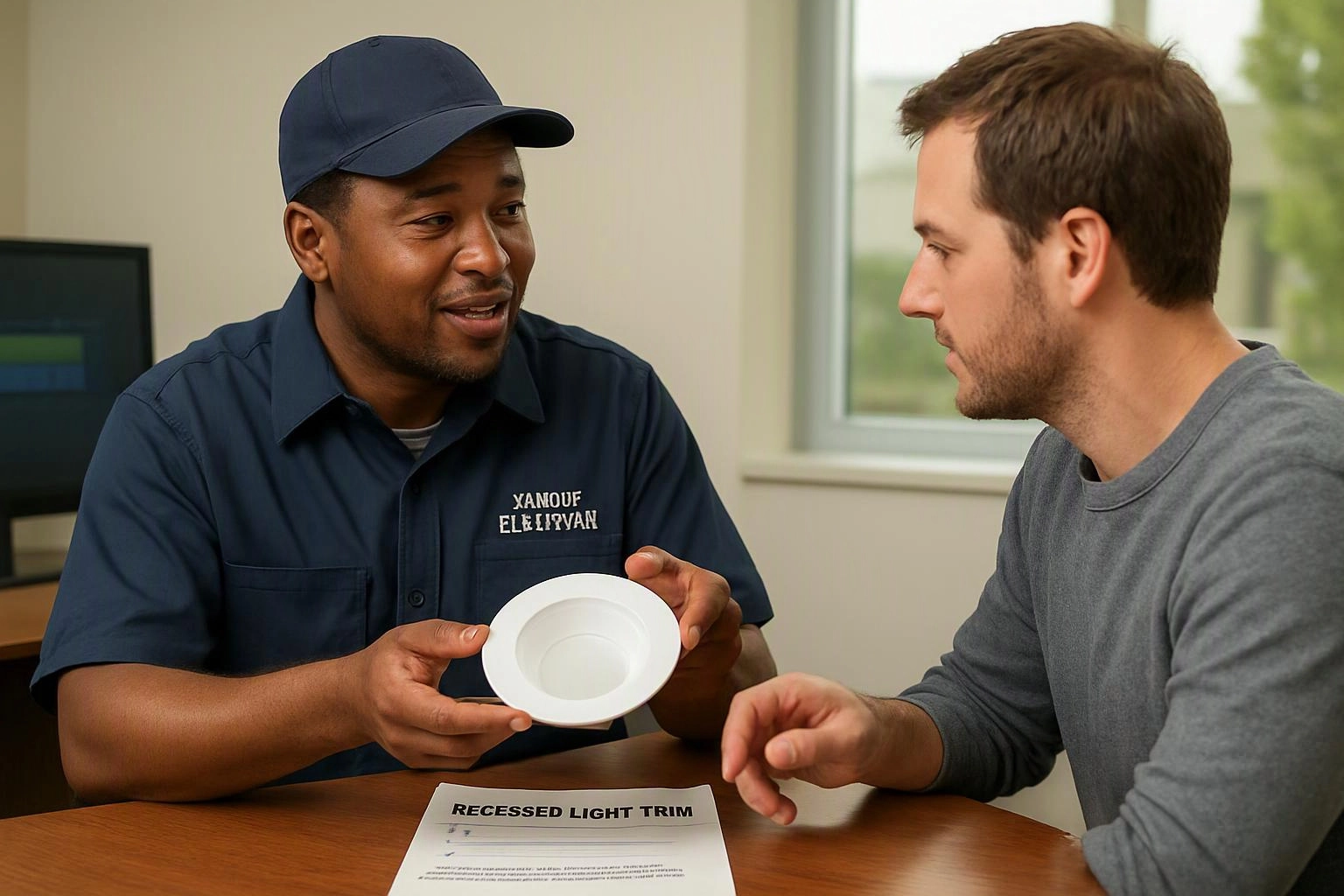 Two men sit at a table, one holding a recessed light trim while they talk in a bright room