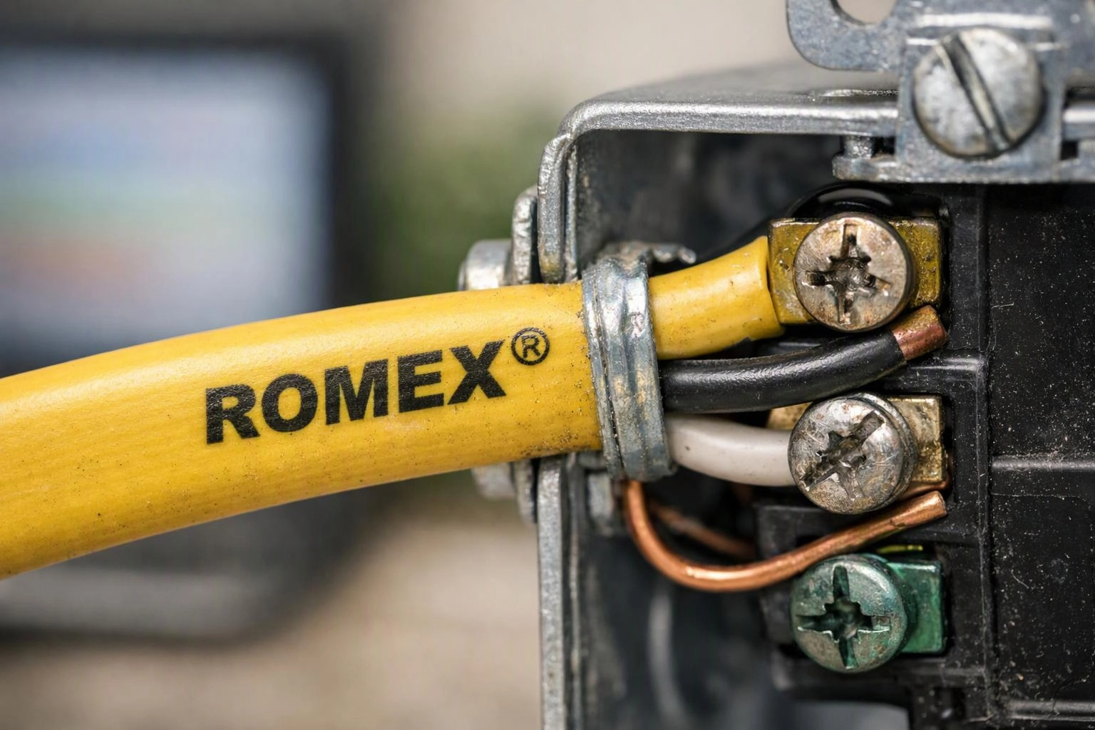 Yellow ROMEX electrical cable connects to screw terminals inside a metal junction box with exposed wires