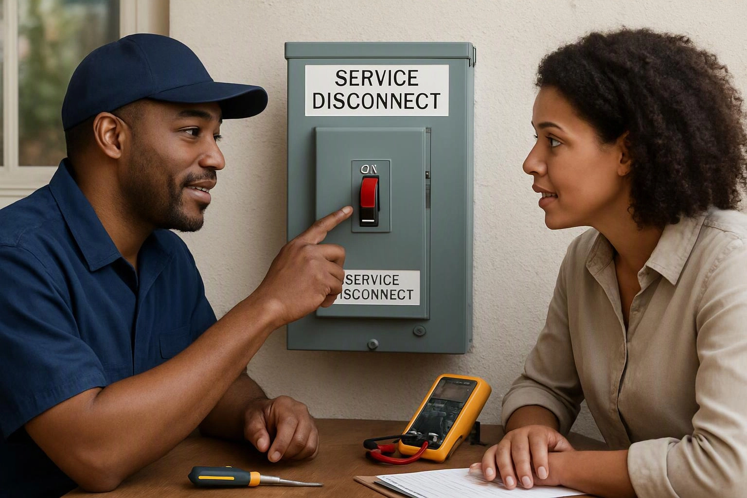 Two people discuss a gray electrical disconnect box while one points at its switch near a wooden table with tools and a meter