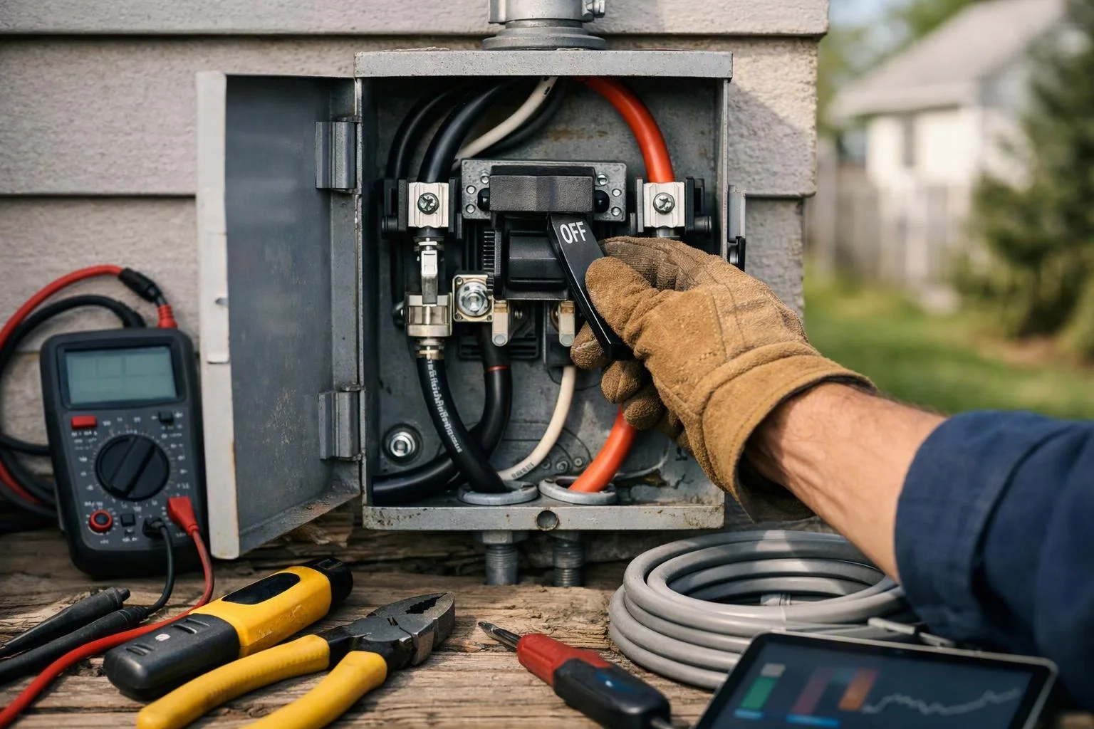 A gloved electrician flips a breaker in an open outdoor panel beside a multimeter and tools