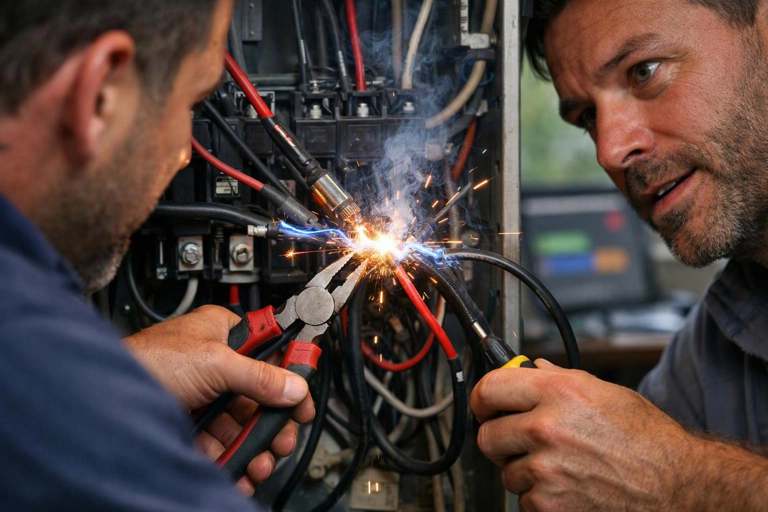 Two men repair electrical wiring in a panel while sparks fly between exposed cables