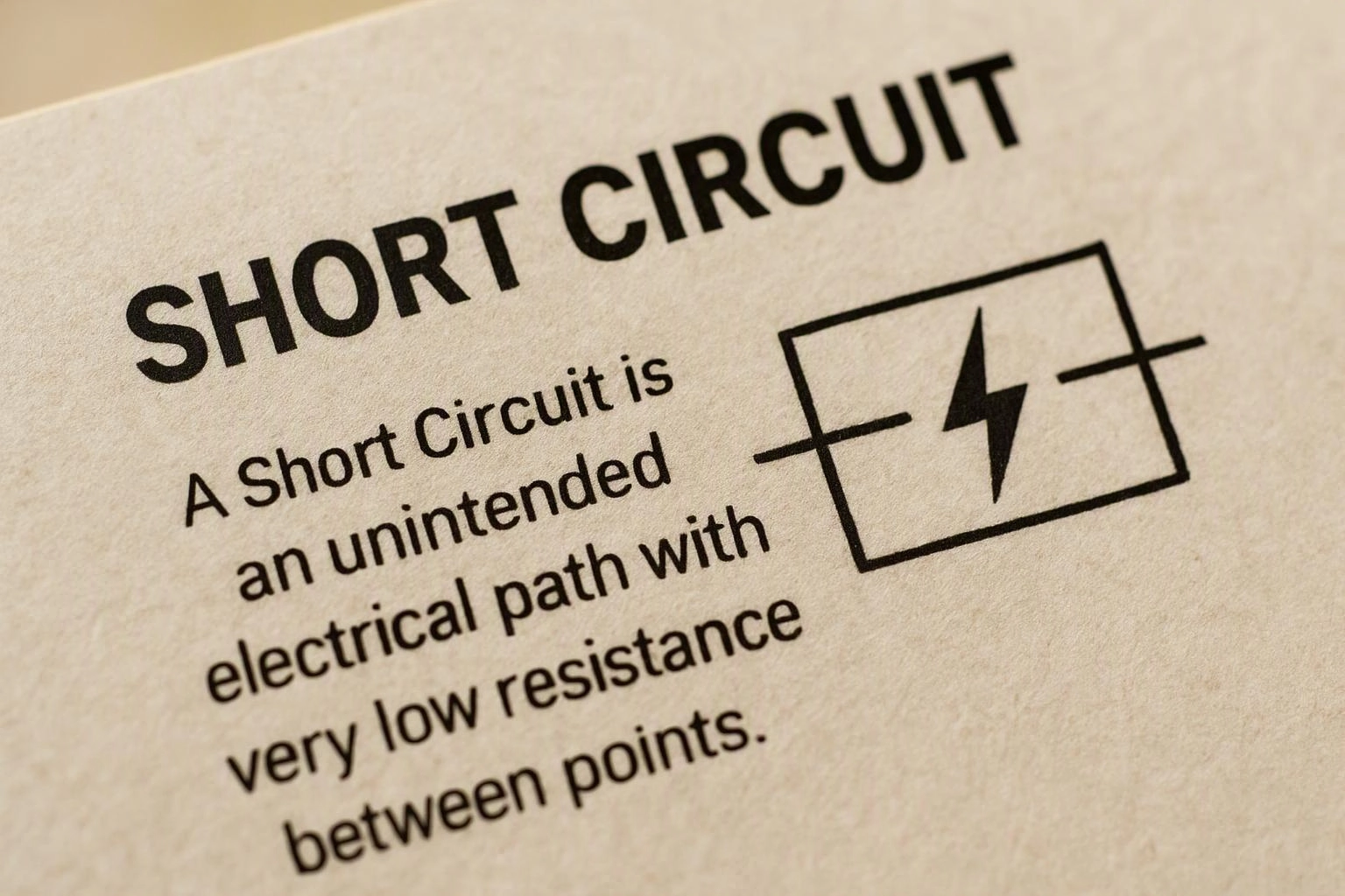 A tilted page shows the bold title “SHORT CIRCUIT,” a definition, and an electrical symbol with a lightning bolt
