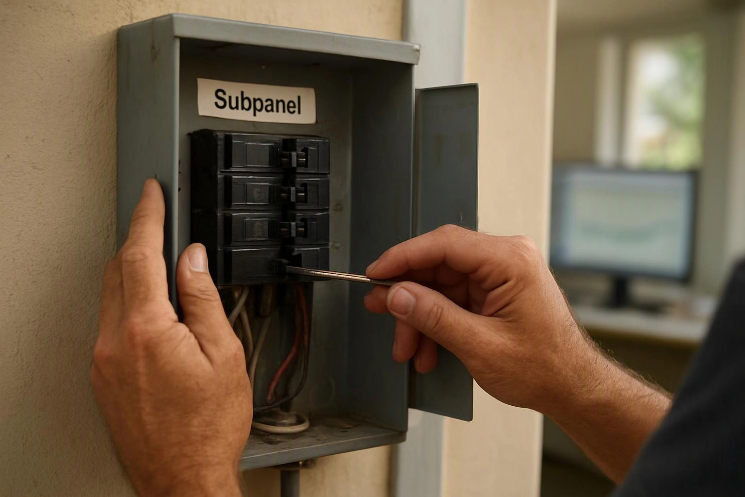 Hands adjust circuit breakers inside an open gray electrical subpanel labeled Subpanel