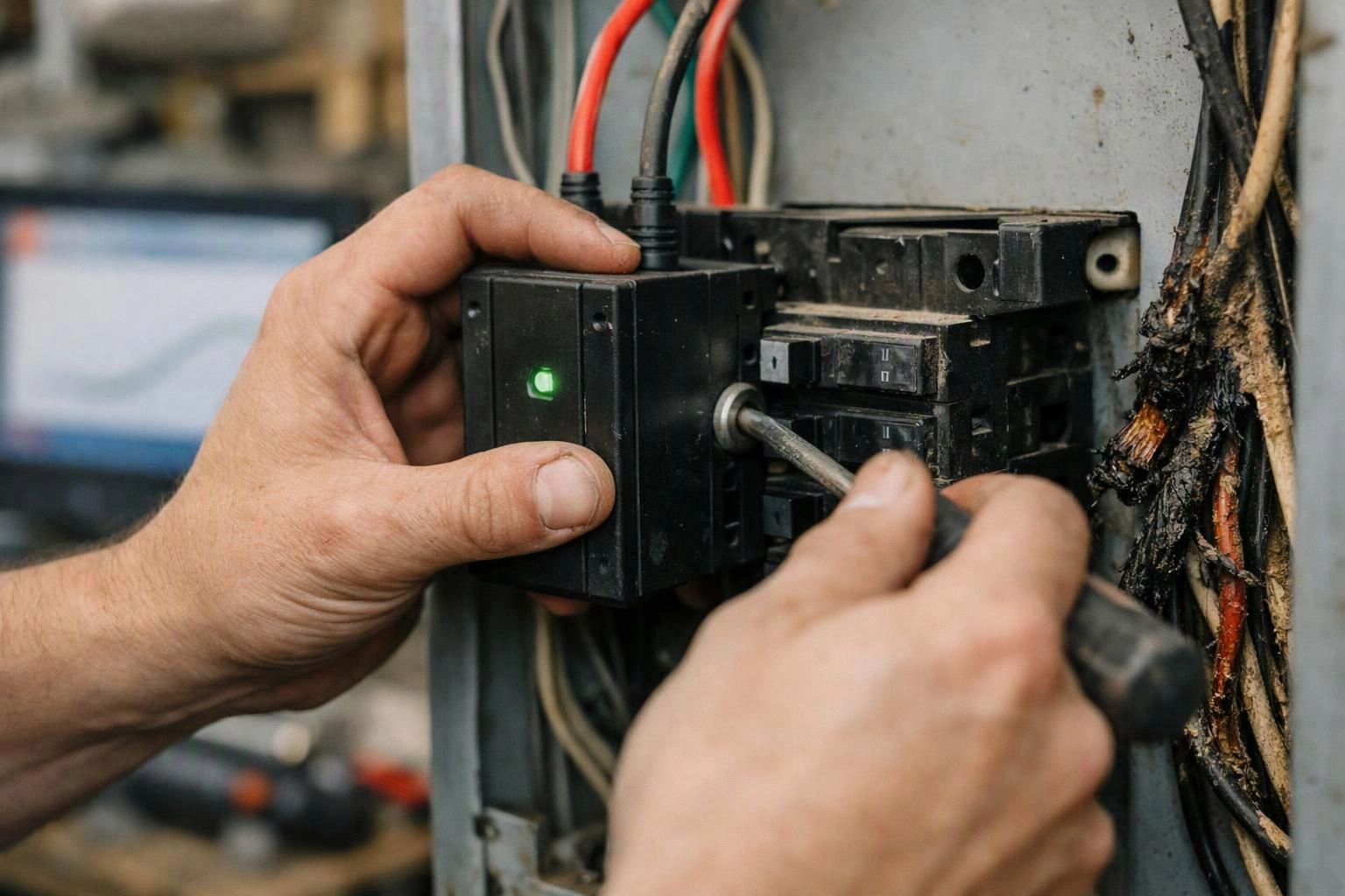 Hands use a screwdriver to adjust a black electrical device inside an open panel with tangled wires