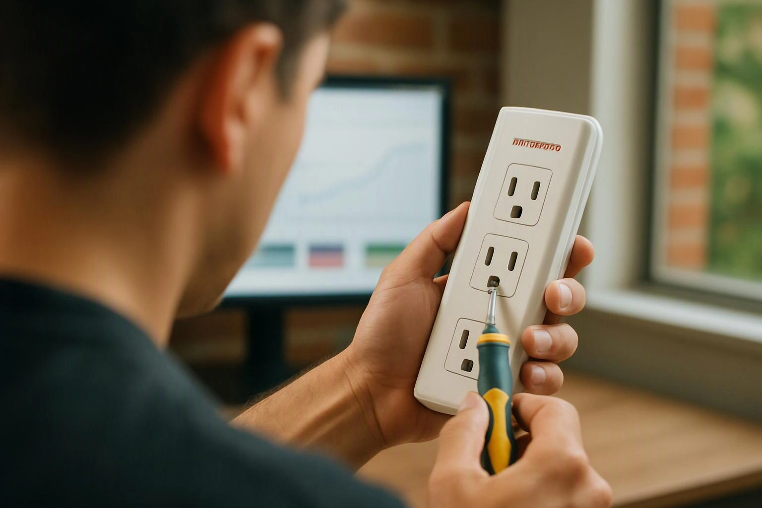 A person holds a wall outlet tester and points a screwdriver at a white power strip indoors