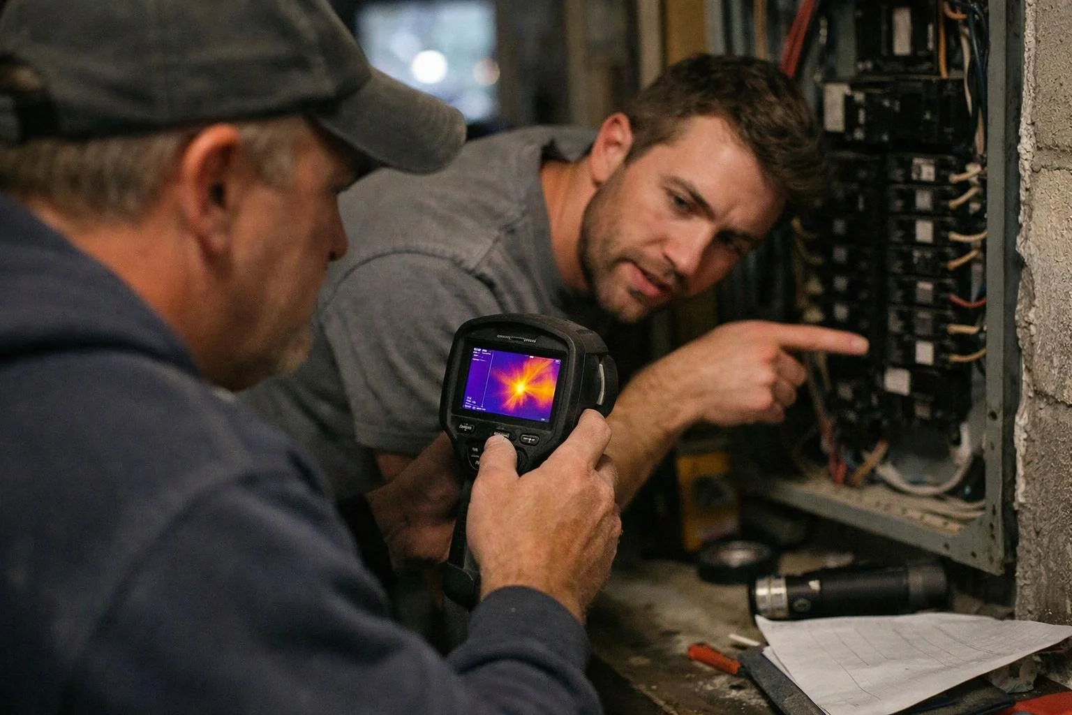 Two men inspect an electrical panel, one holds a thermal camera while the other points inside in a dim workspace